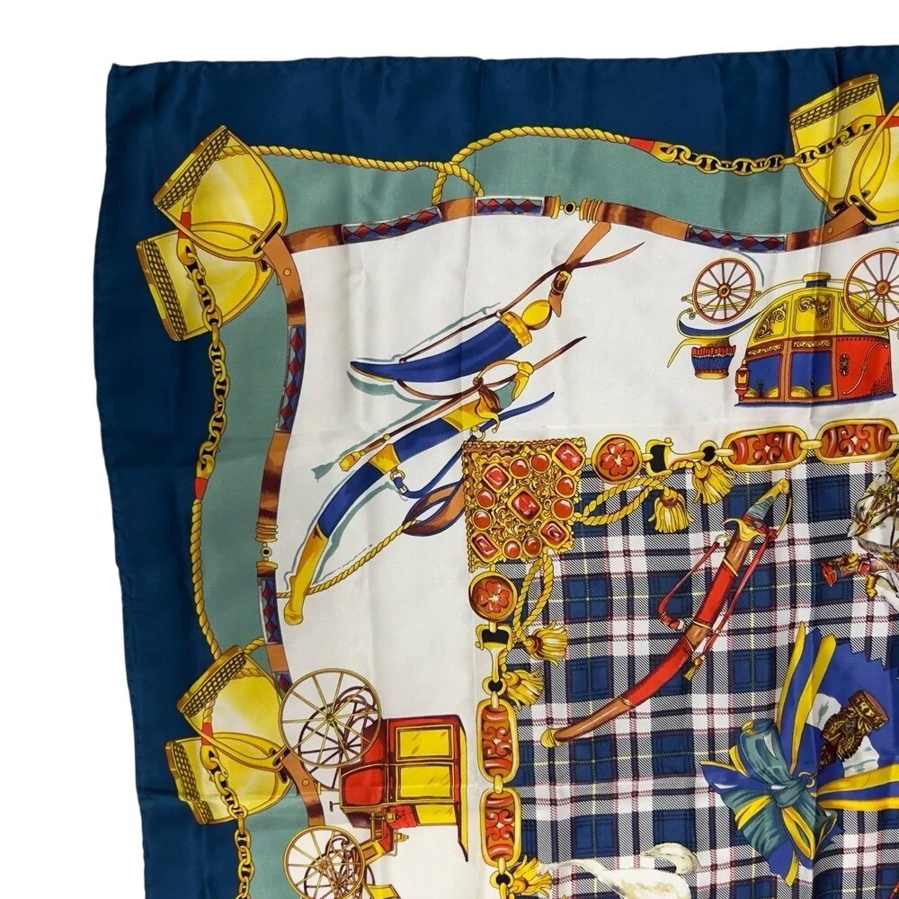 Vintage Italian Silk Square Scarf Navy Blue Plaid Equestrian Carriage Motif‎